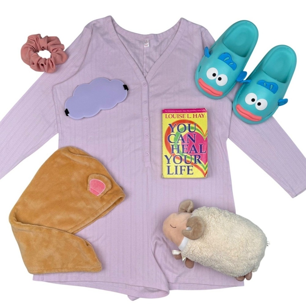 Bedtime 7Pc Self Care Bundle - Joe Fresh Pink Rompere 1X Slippers Mask Kidcore